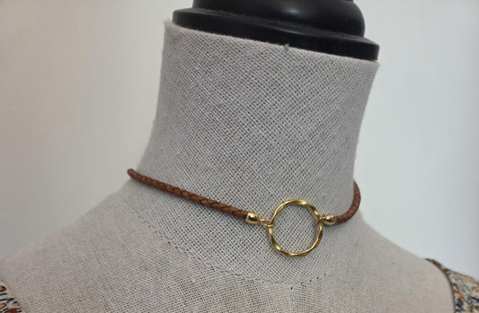 Collier cuir camel anneau doré